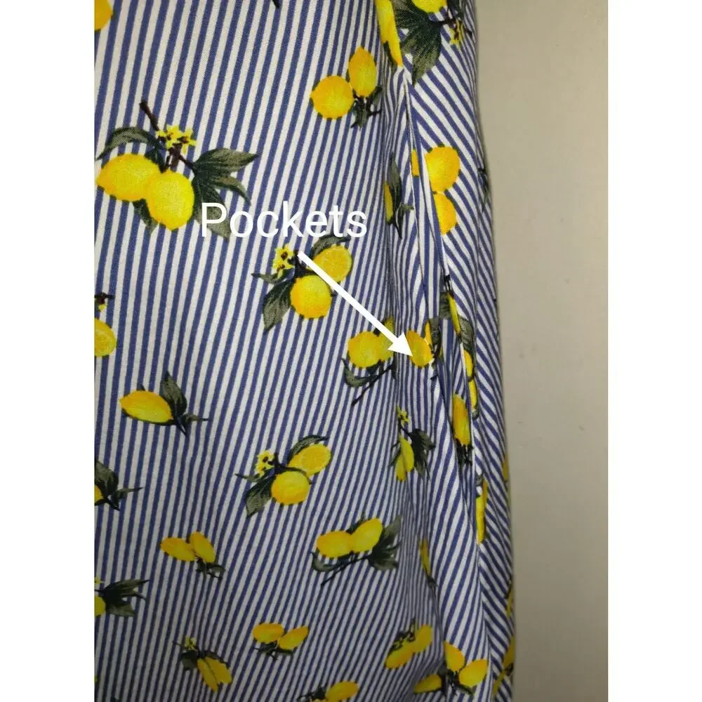 Chloe & Rene Blue Pinstripe Sleeveless Shirt Dress XL Lemon Print Cotton Belted - Picture 6 of 16